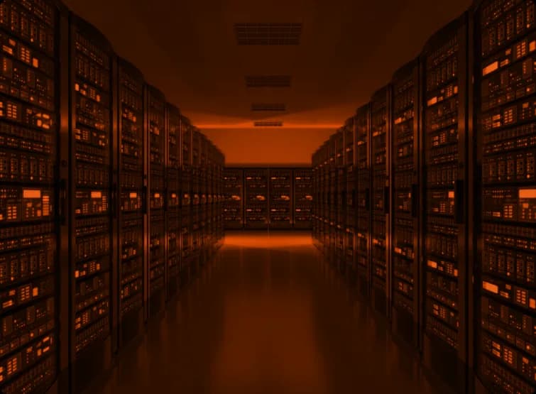 A data-centre aisle of server racks lit from the far end.