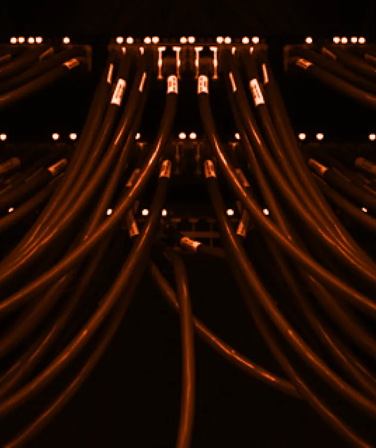 Bundled optical fibres fanning out from a lit rack.